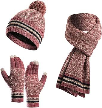 Womens Winter Knit Beanie Hat Gloves Scarfs Set Warm Thermal Skull Cap with Pom Slouchy Scarfs Cute Glove